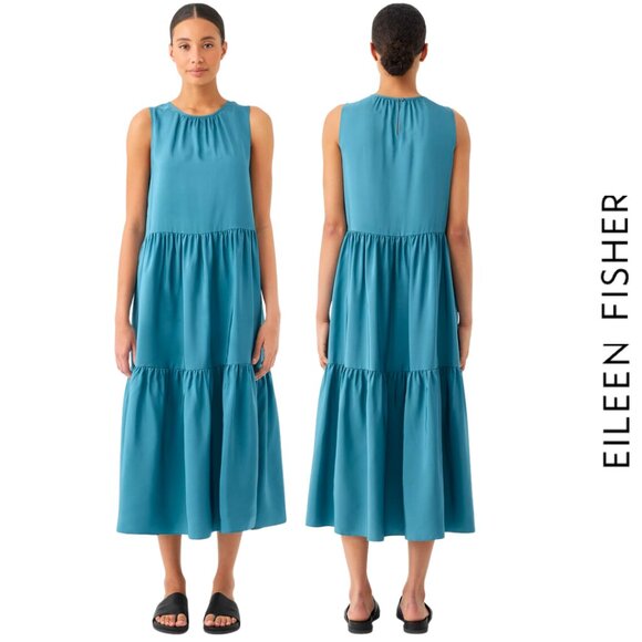 Eileen Fisher NWT Large Washed Silk Tiered Dress Easy Fit, Full Length Teal Blue - Picture 1 of 12